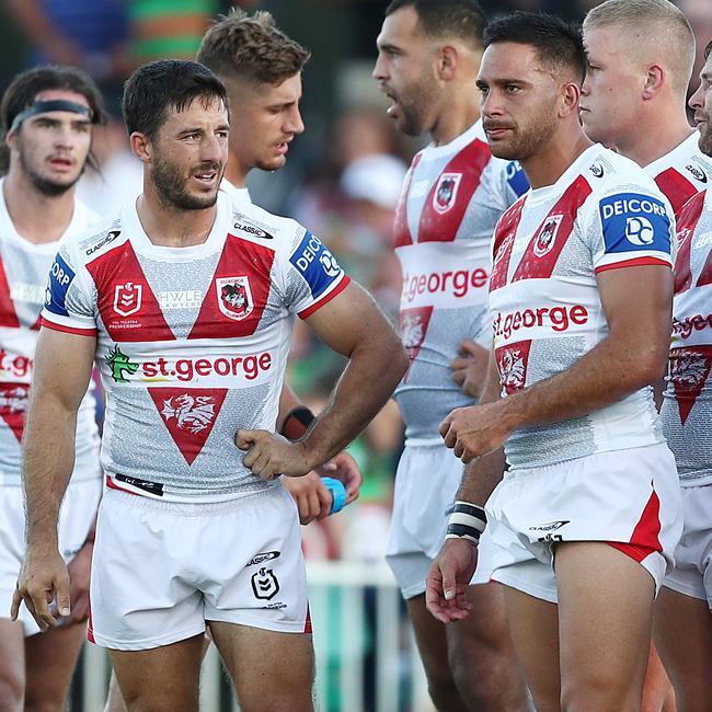 MUDGEE, AUSTRALIA – FEBRUARY 27: Ben Hunt and Corey Norman of the Dragons look dejected after conceding a try during the Charity Shield &amp; NRL Trial Match between the South Sydney Rabbitohs and the St George Illawarra Dragons at Glen Willow Regional Sports Stadium on February 27, 2021 in Mudgee, Australia. (Photo by Mark Metcalfe/Getty Images)