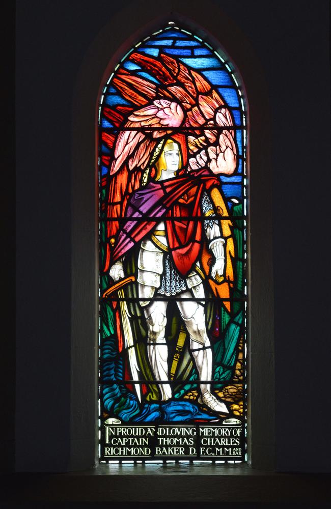 A stained glass window depicting World War One aviator Thomas Baker as the Archangel Michael at St John’s Anglican Church, Halifax St in the city. AAP Image/ Brenton Edwards)