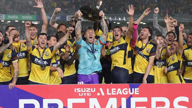 Mariners celebrate being crowned AFC Premiers. Picture: Scott Gardiner/Getty Images.