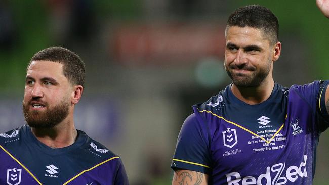 Jesse Bromwich (right) will captain the Storm this season, while his brother Kenny (left) has been named on the leadership group. Picture: NRL Photos