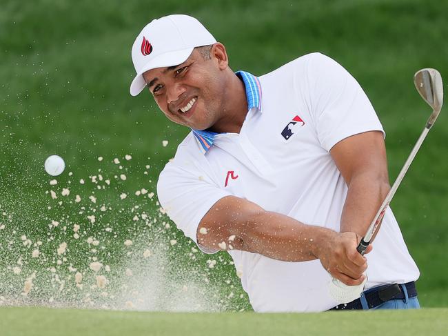 CHARLOTTE, NORTH CAROLINA - MAY 16: Jhonattan Vegas of Venezuela hits out of a greenside bunker on the 18th hole during the second round of the PGA Championship at Quail Hollow Country Club on May 16, 2025 in Charlotte, North Carolina. (Photo by Alex Slitz/Getty Images)
