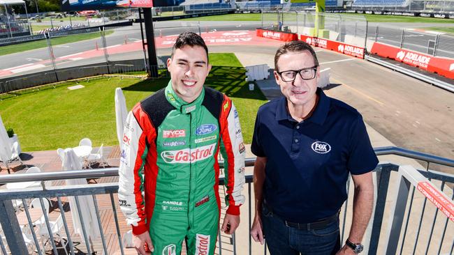 Tickford Racing driver Thomas Randle and former V8 driving legend Mark Skaife at the Adelaide 500 track. Picture: Brenton Edwards