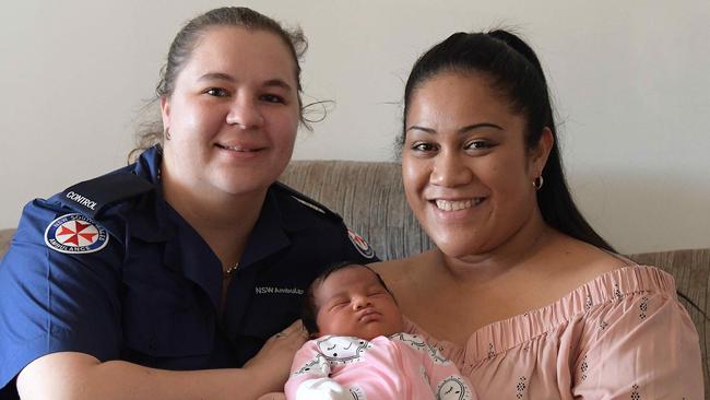 NSW Ambulance call taker Emma Bourke,  new mum Cecilia Toni-Vetemotu and her third child Shalon.