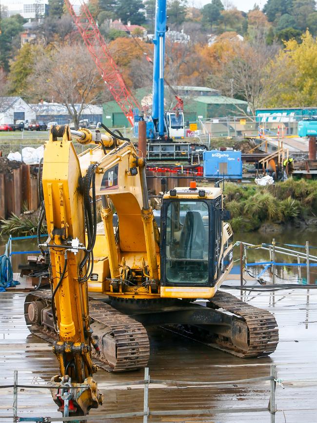 Construction work on University of Tasmania's new pedestrian and cycle bridge across the North Esk River at Launceston. Picture: PATRICK GEE