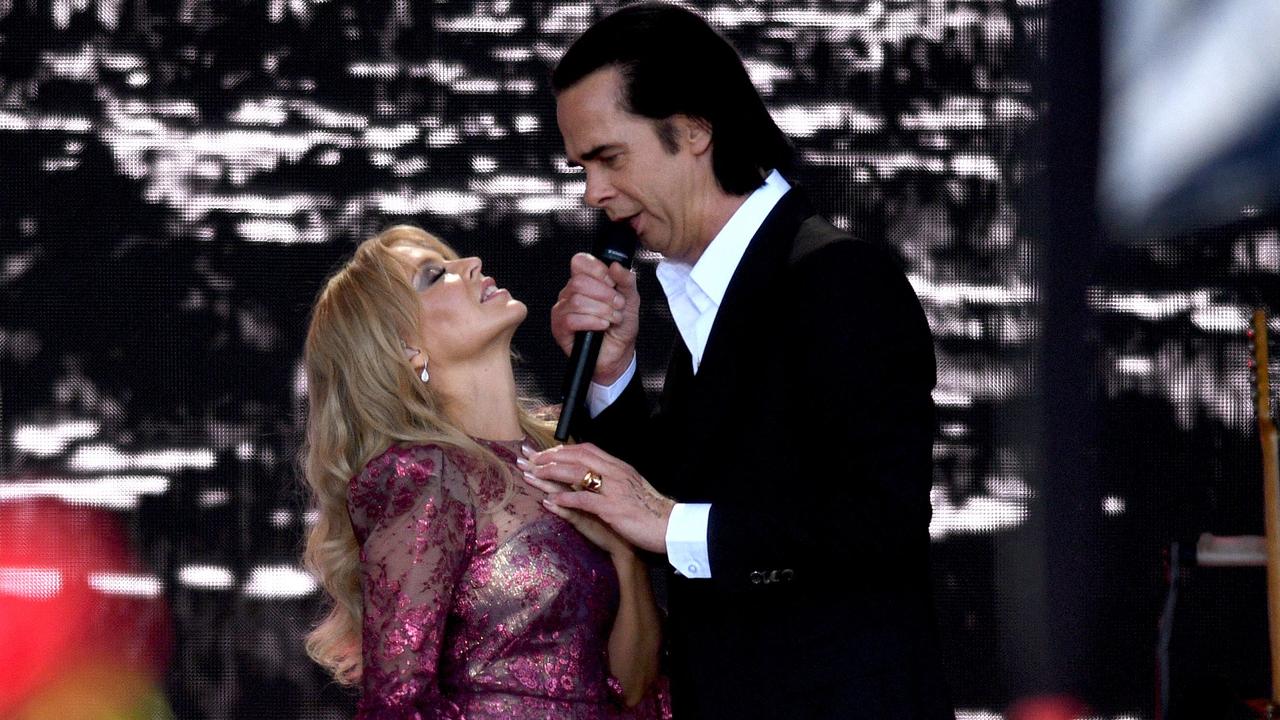 Nick Cave and Kylie Minogue, a duo we can only dream of gracing the Splendour stage, during their performance at Glastonbury in 2019. Picture: Oli Scarff/AFP