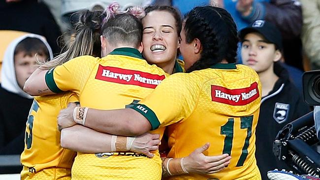 Isabelle Kelly celebrates scoring the winning try for the Jillaroos. Picture: AAP