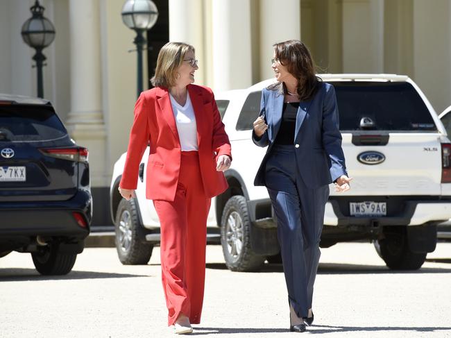 Premier Jacinta Allan with new Treasurer, Jaclyn Symes, at Government House. Picture: Andrew Henshaw