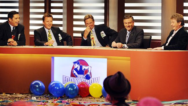 Garry Lyon, James Brayshaw and Sam Newman with Eddie McGuire and Trevor Marmalade on set for the 500th episode of The Footy Show.