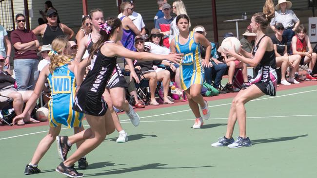 Action in the 14/15 years Division 1 grand final between Aztecs 11 and Pandas 8 at the Doris Howes courts. Picture: Gary Reid