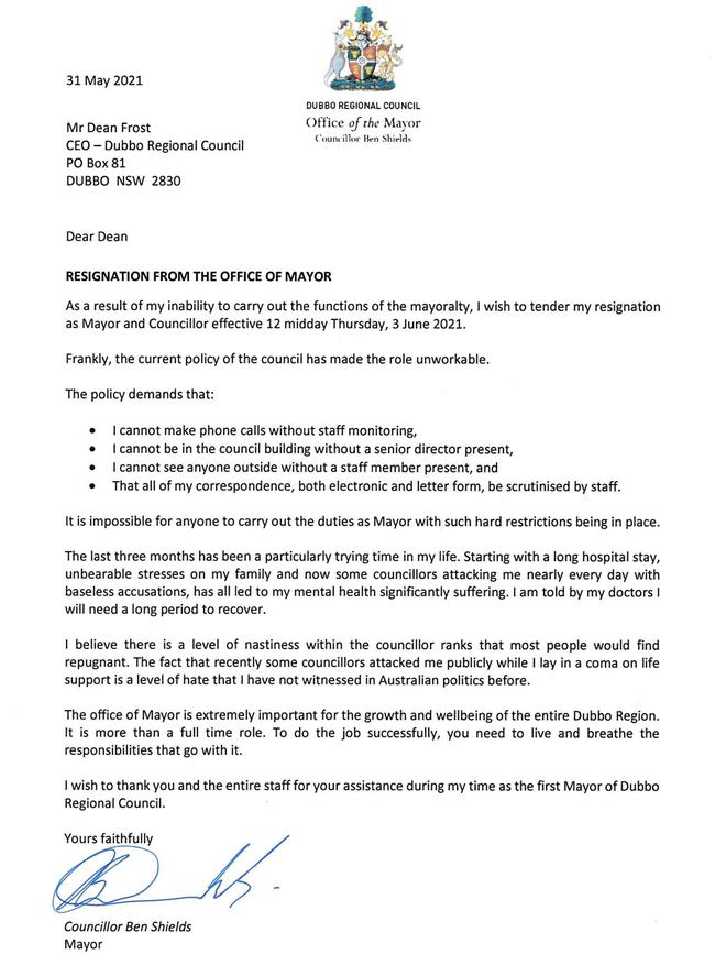 Mr Shields sent this letter of resignation to Dubbo Regional Council CEO Dean Frost on Monday.