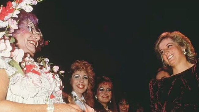 Princess Diana has a laugh with Dame Edna Everage in 1987. Picture: Getty Images