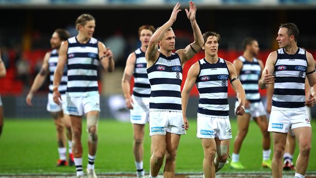 Geelong captain Joel Selwood thanks fans after the Cats’ dominant win over Port Adelaide last Friday. Picture: Getty Images