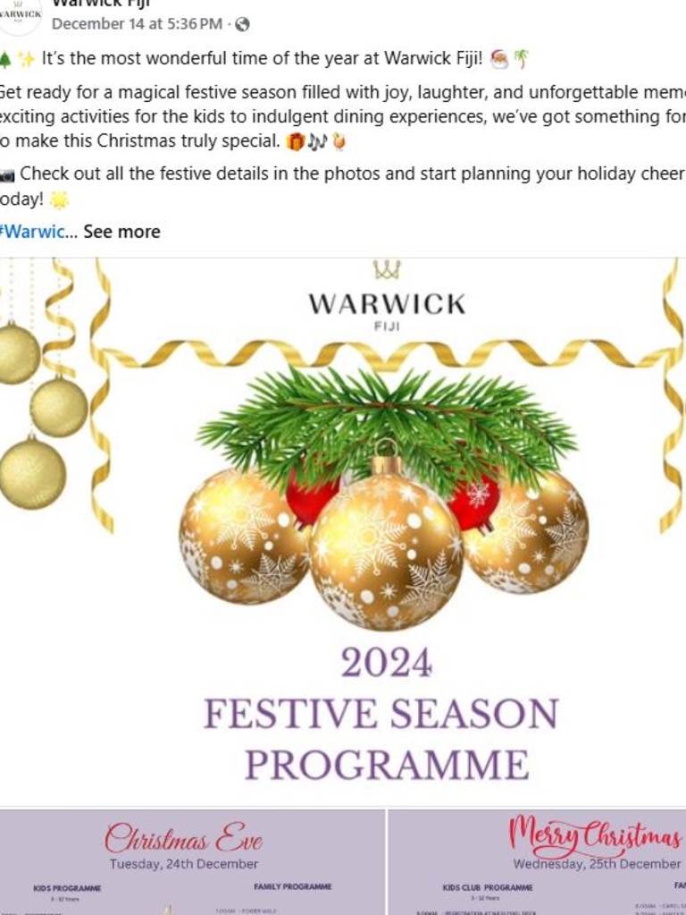 Warwick Resort posted their Christmas events on their Facebook page – just hours after the suspected alcohol poisonings. Picture: Facebook