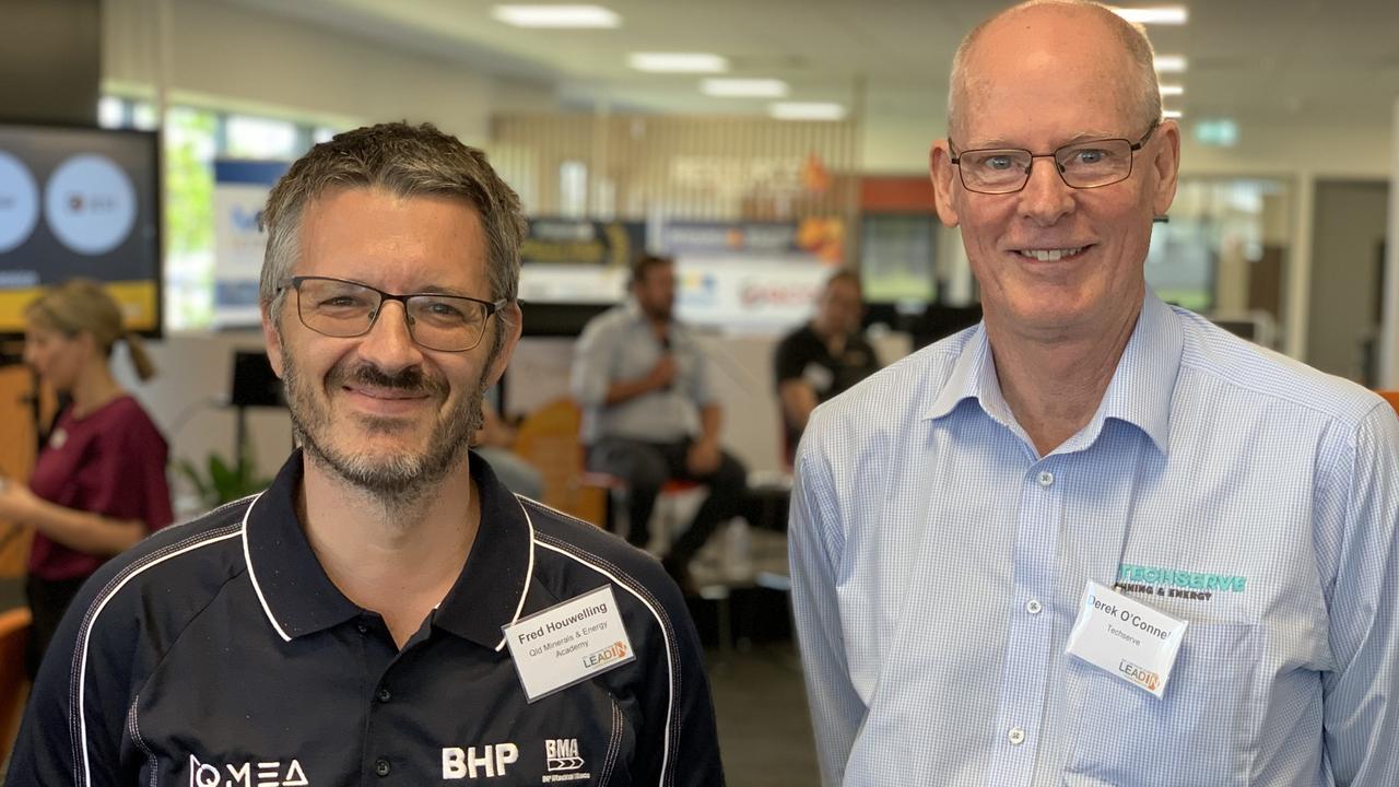 Pioneer State High School teacher Fred Houweling and Derek Oâ&#128;&#153;Connell from TechServe at the RCOE LeadIn 2022 conference. Picture: Duncan Evans