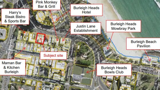 Map showing location of the Justin Lane bar which is seeking extended trading hours at Burleigh.