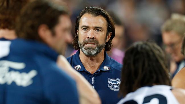 Chris Scott during the clash with Brisbane. Picture: AFL Photos