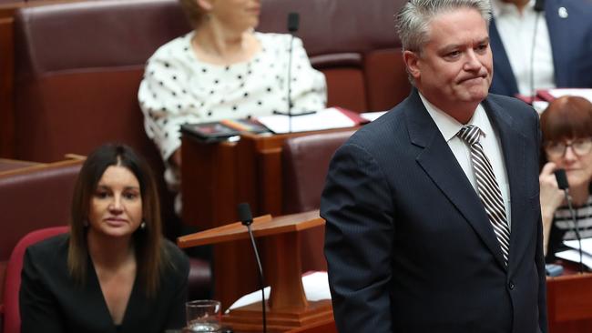 Senator Lambie and Mattias Cormann today. Picture: Kym Smith