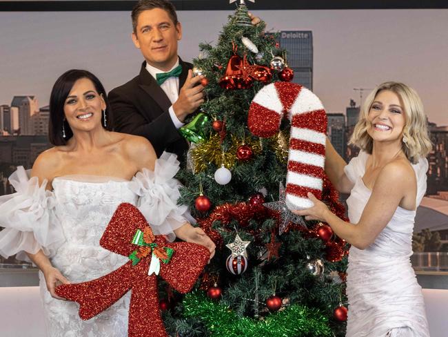 December 9, 2024: 7News's Rosanna Mangiarelli, Will Goodings and Amelia Mulcahy at 7 Studios preparing to host the 80th Carols by Candlelight on December 14.  Picture: Kelly Barnes