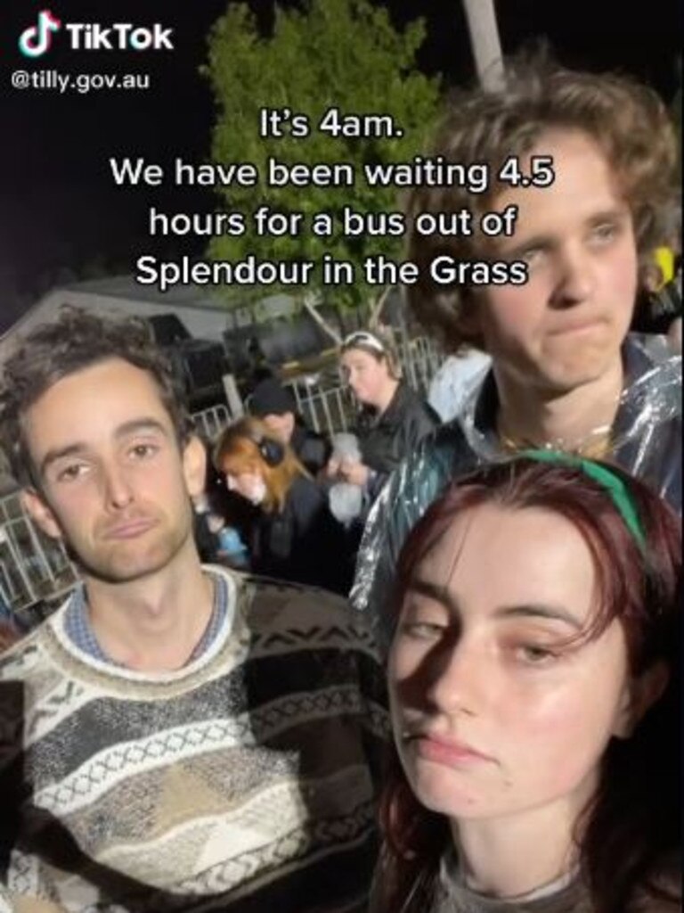 Nightmare: This trio were still left stranded at Splendour at 4am after hours in a bus queue. They eventually arrived home at 6am. Picture: TikTok