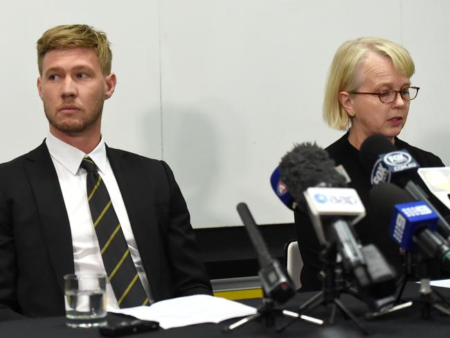 Richmond player Nathan Broad and president Peggy O’Neal front the media today. Picture: Kylie Else