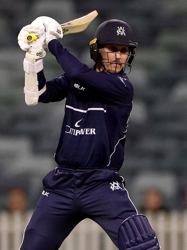 Nic Maddinson carves a cut shot to the fence during the Marsh Cup.