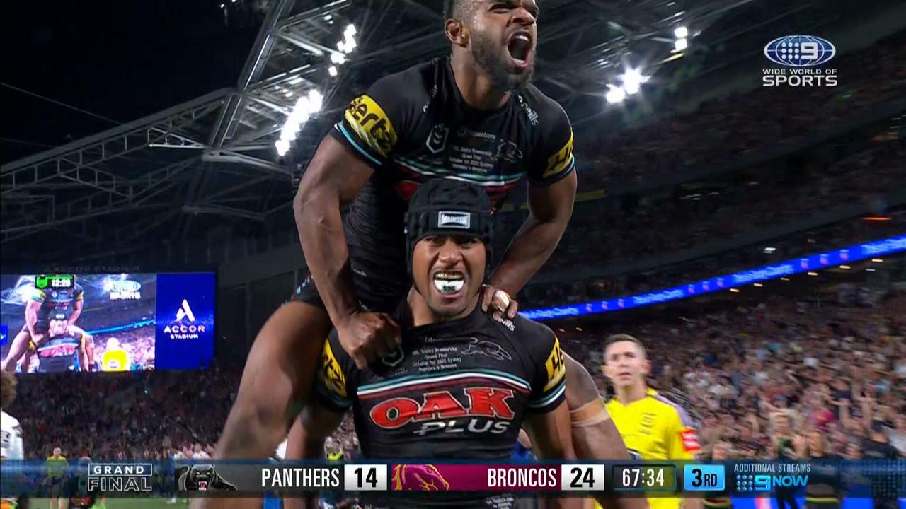 The Broncos lead the Panthers 24-20 after 70 minutes in the grand final thanks a sensational second half hat-trick from 20-year-old No. 6 Ezra Mam.
