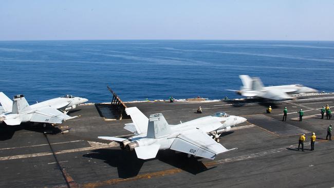 An F/A-18E Super Hornet launching from the flight deck of a US aircraft carrier in the Eastern Mediterranean Sea. Picture; AFP.