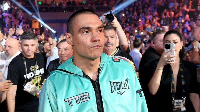 GOLD COAST, AUSTRALIA - OCTOBER 15: Tim Tszyu does his walk to the ring before the WBO super-welterweight world title bout between Tim Tszyu and Brian Mendoza at Gold Coast Convention and Exhibition Centre on October 15, 2023 in Gold Coast, Australia. (Photo by Bradley Kanaris/Getty Images)