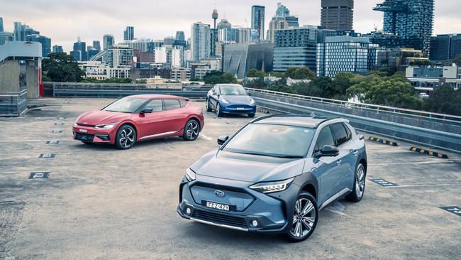 The Subaru Solterra, Kia EV6 and Model Y Long Range. Photo: Thomas Wielecki