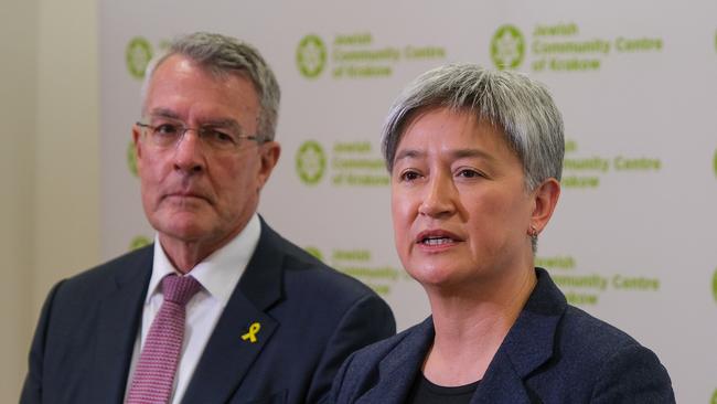 Australia’s delegation to the commemoration of the liberation of Auschwitz, Foreign Minister Penny Wong and Attorney-General Mark Dreyfus. Picture: Jacquelin Magnay