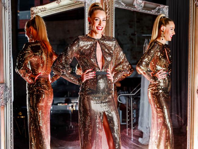 Brooke Cotchin, wife of Richmond captain Trent Cotchin, getting ready for the Brownlow. Brooke wears a Jason Grech dress. Picture: Tim Carrafa