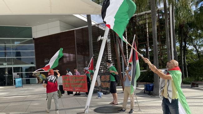 Protesters gather outside Gold Coast City Council chambers on Tuesday 28 May 24 to demand Council sever sister city ties with Netanya, Israel. Picture: Paul Weston