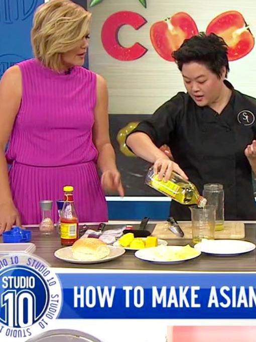 Sarah on Studio 10 recently demonstrating her pork burgers. Picture: Facebook/Sarah Tiong