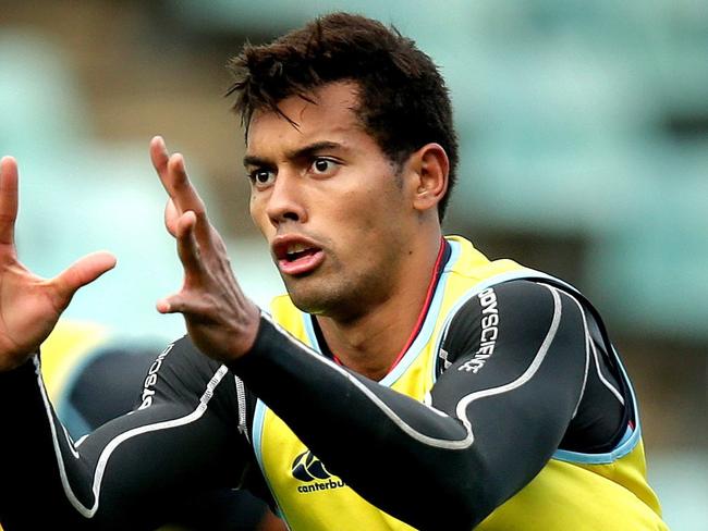 Flyhalf Ben Volavola takes a pass during Waratahs training in the leadup to their saturday match against the British & Irish Lions at Allianaz Stadium , Moore Park