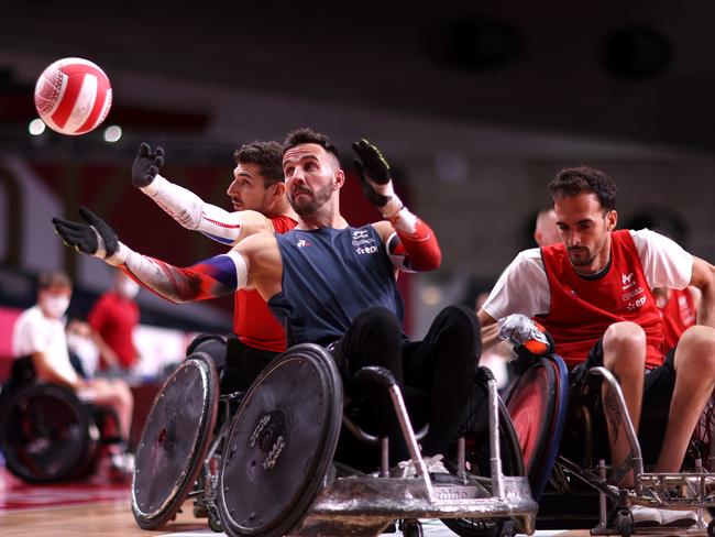 TOKYO, JAPAN - AUGUST 22: Team France in action during a Wheelchair Rugby practice Session ahead of the Tokyo 2020 Paralympic Games at Yoyogi Sports Arena on August 22, 2021 in Tokyo, Japan. (Photo by Alex Pantling/Getty Images) *** BESTPIX ***