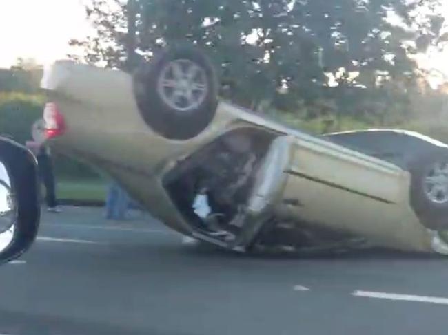 The car ended up on its roof near the Nambour Hungry Jack's. Picture: Supplied