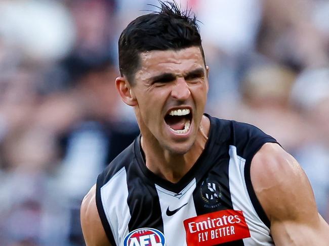 MELBOURNE, AUSTRALIA - SEPTEMBER 30: Scott Pendlebury of the Magpies celebrates a goal during the 2023 AFL Grand Final match between the Collingwood Magpies and the Brisbane Lions at the Melbourne Cricket Ground on September 30, 2023 in Melbourne, Australia. (Photo by Dylan Burns/AFL Photos via Getty Images)