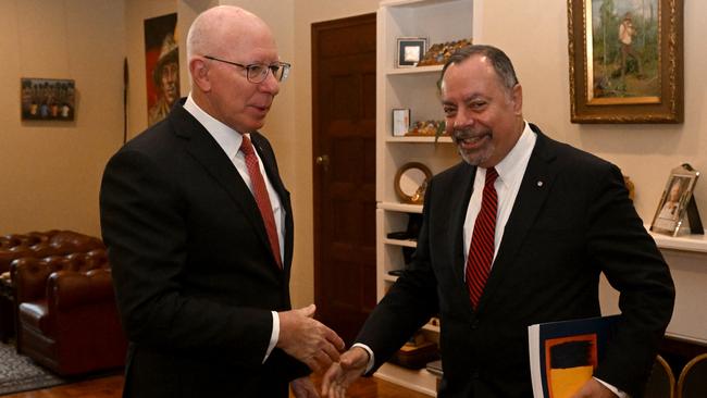 Governor-General David Hurley, left, meets with Royal Commission into Defence and Veteran Suicide commissioner Nick Kaldas in Canberra on Thursday. Picture: AAP