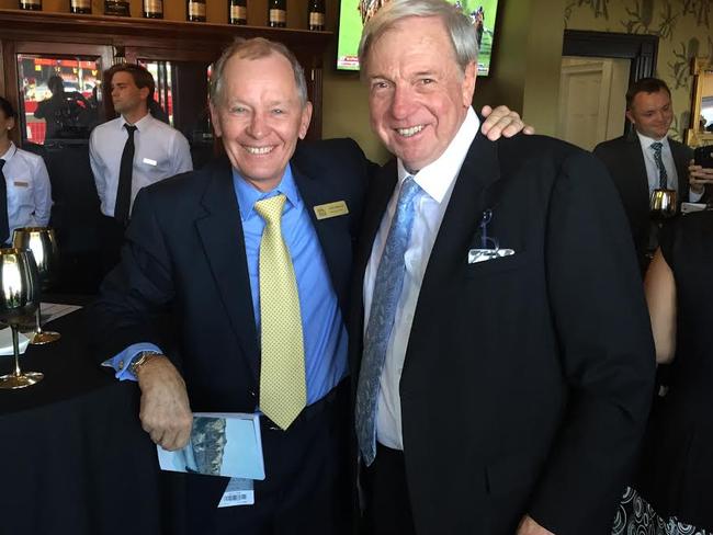 Owner John Moore (left) and Bryan Guy celebrates after winning the Queensland Derby with Eagle Way.