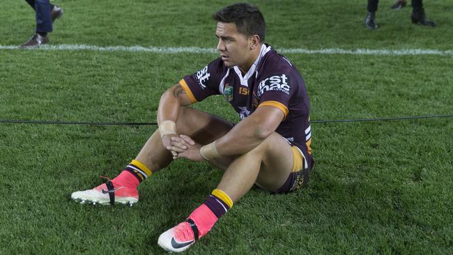 A dejected Nikorima after the Broncos’ defeat. (AAP Image/Craig Golding)