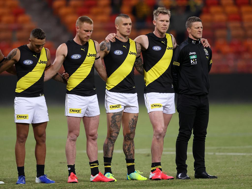 A moments silence for Shane Tuck by Richmond during the AFL match between the GWS Giants and Richmond Tigers at Giants Stadium. Picture: Phil Hillyard