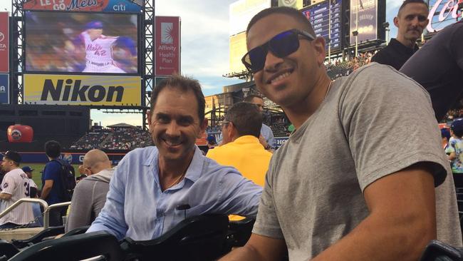 Australian cricketer Usman Khawaja with Justin Langer at the New York Mets batting practice