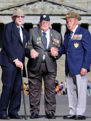 Rats of Tobruk Ron Williamson, Hautrie Crick and Bob Semple at The Shrine Of Remembrance. Picture: Alex Coppel.