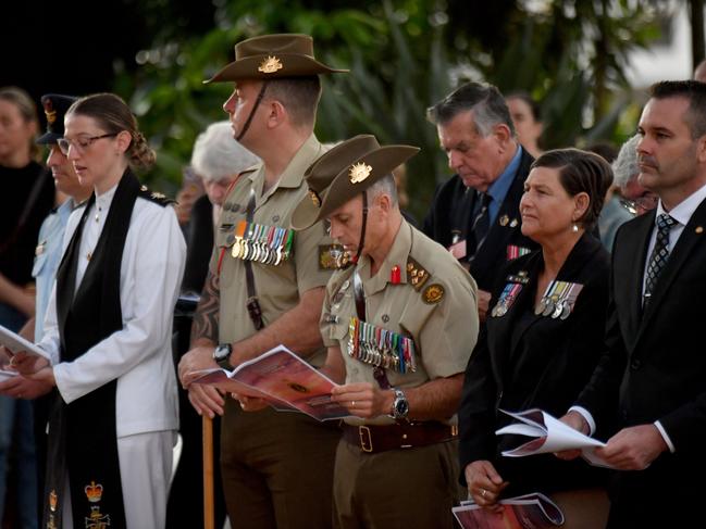 Dawn Service at Anzac Park for 83rd commemoration of Battle of Coral Sea. Brigadier Ben McLennan, Member for Mundingburra Janelle Poole and Member for Townsville Adam Baillie. Picture: Evan Morgan