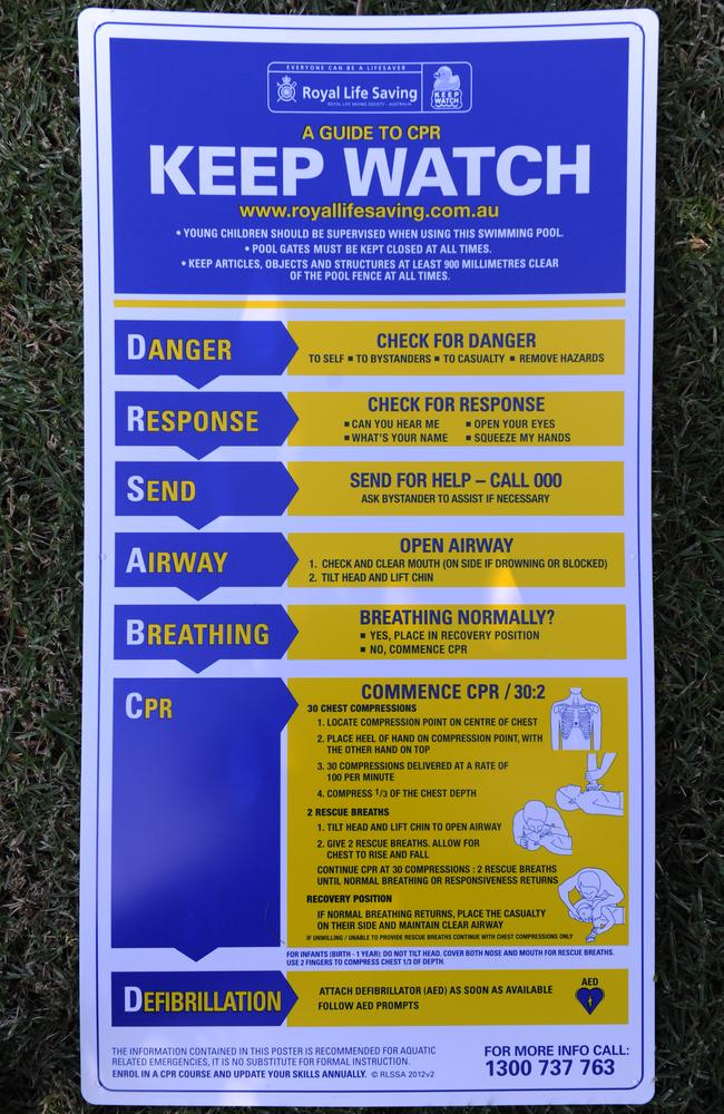 Under Queensland laws a sign with instructions for CPR must be displayed in pool areas.