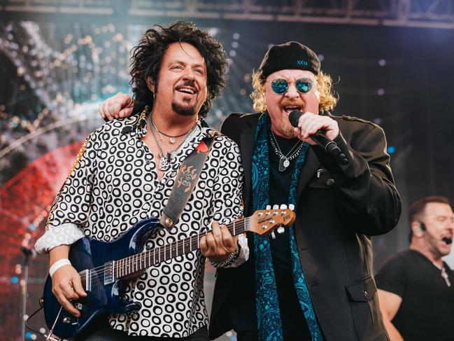 Toto members Steve Lukather, left, and Joseph Williams performing at the Falls Festival. Picture: Claudia Ciapocha