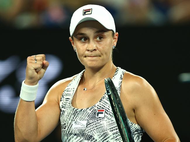 MELBOURNE, AUSTRALIA - JANUARY 27: Ashleigh Barty of Australia celebrates winning her Women's Singles Semifinals match against Madison Keys of United States during day 11 of the 2022 Australian Open at Melbourne Park on January 27, 2022 in Melbourne, Australia. (Photo by Clive Brunskill/Getty Images)