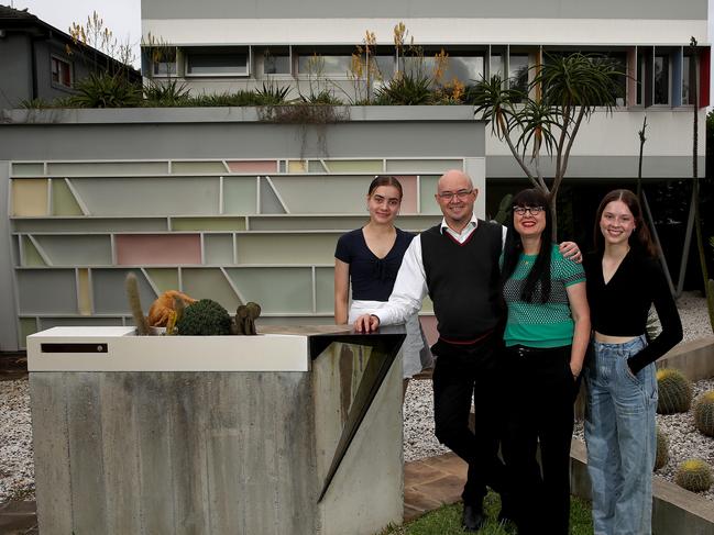 Warwick Noble and wife Melanie Hughes with daughters Lola (r) and Evie 14 live in one of Grand Designs Australia's top 21 grandest houses as rated by celebrated architect Peter Maddison. Picture: Toby Zerna