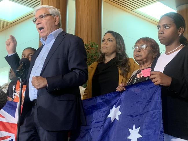 Senator Nampijinpa Price and Warren Mundine with 22 Indigenous community leaders from as far away as Ngukurr in the NT with Fair Australia's Indigenous Delegation against the Voice in Canberra. Picture: Sarah Ison