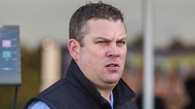 Trainer Trent Busuttin after his horse Jack Regan (GB) won the Ladbrokes Back Yourself Handicap at Ladbrokes Park Lakeside Racecourse on April 13, 2020 in Springvale, Australia. (Brett Holburt/Racing Photos via Getty Images)